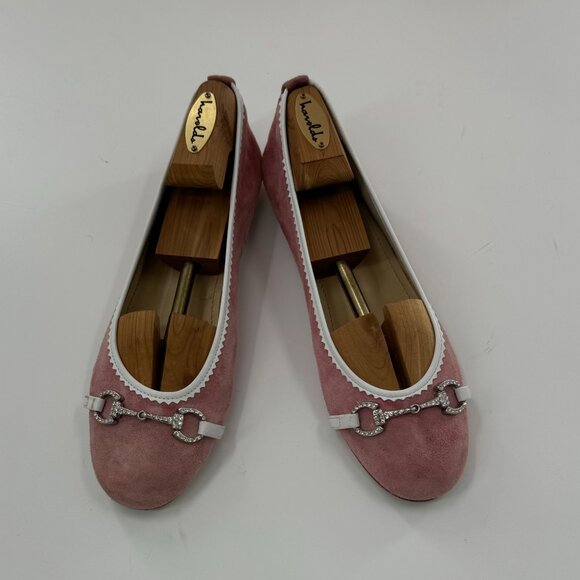 Bellofatto Pink Suede Ballet Flats Rhinestone Horse bit Details Size 10 - Picture 2 of 10